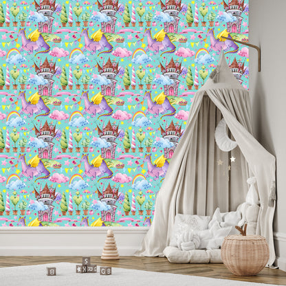 Wallpaper Fairy-Tale Dragons. Rainbow Flowers. Children's Room