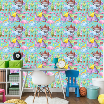 Wallpaper Fairy-Tale Dragons. Rainbow Flowers. Children's Room