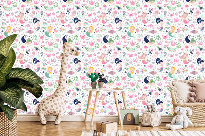 Wallpaper Mermaids With Shells Cartoons For A Baby's Room