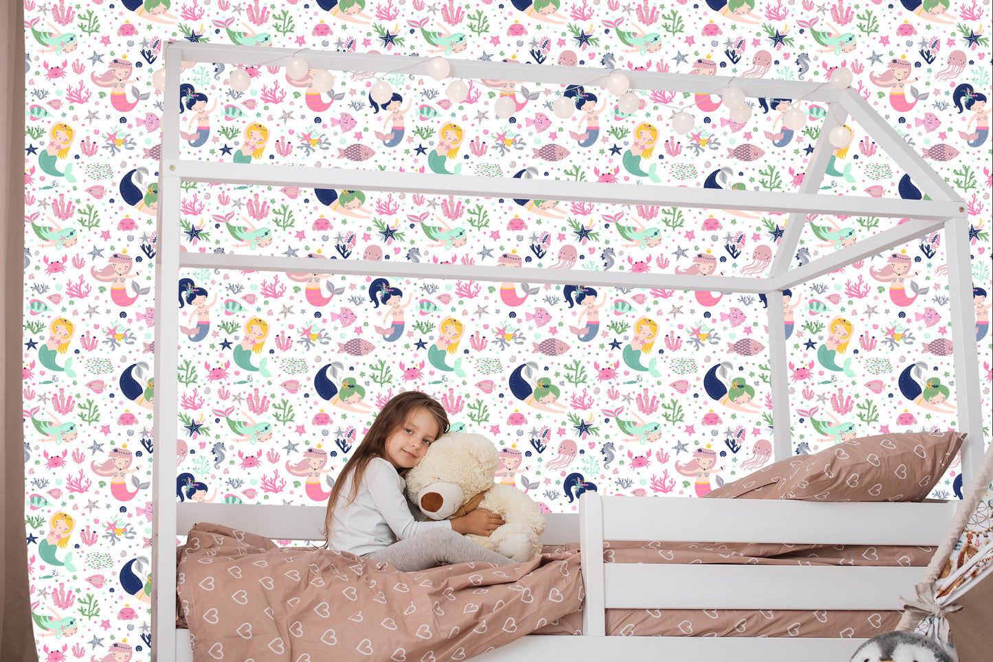 Wallpaper Mermaids With Shells Cartoons For A Baby's Room