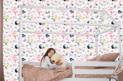Wallpaper Mermaids With Shells Cartoons For A Baby's Room