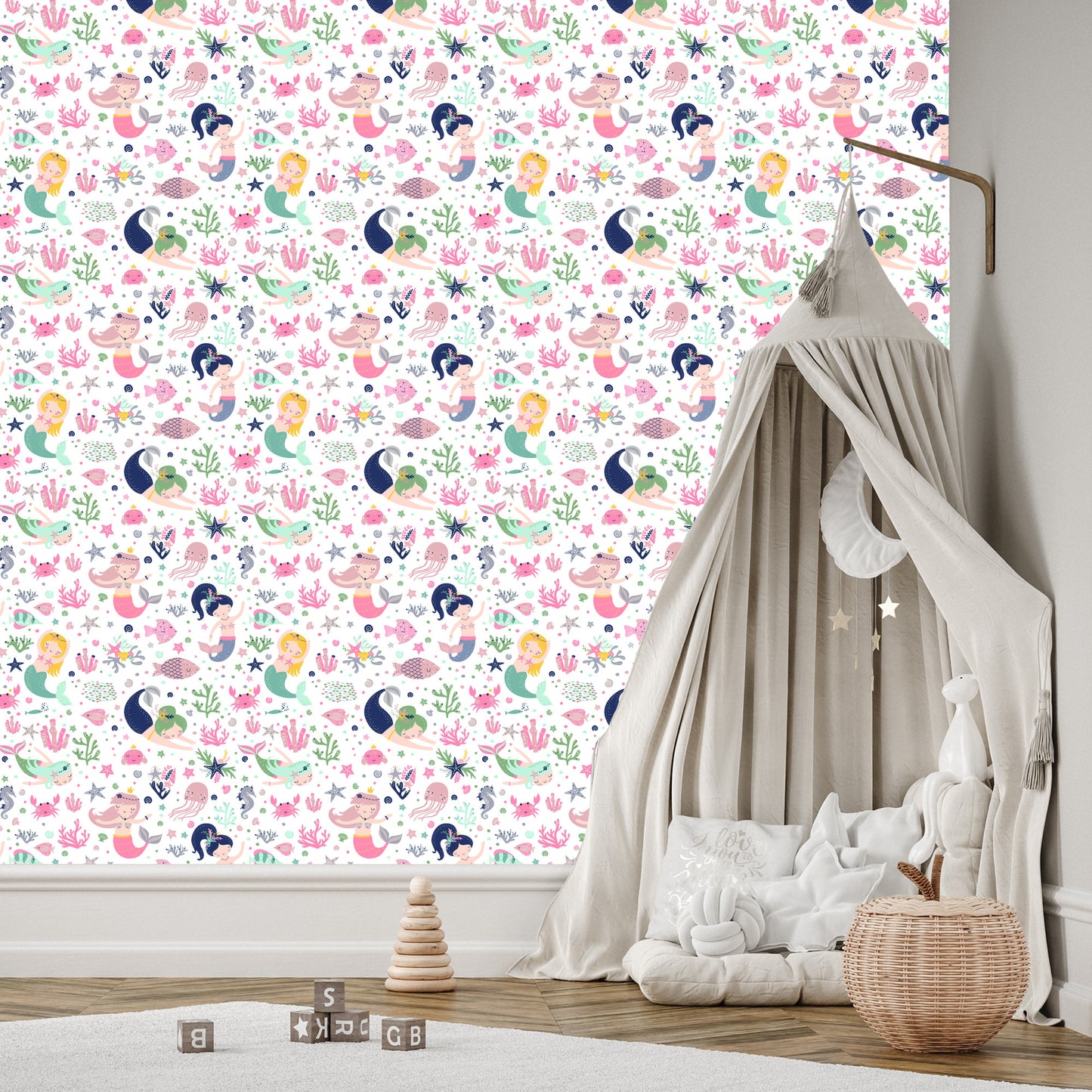 Wallpaper Mermaids With Shells Cartoons For A Baby's Room