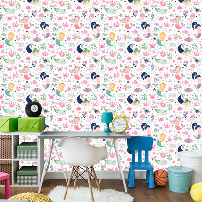 Wallpaper Mermaids With Shells Cartoons For A Baby's Room