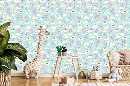 Wallpaper For Children - Happy Clouds And Pink Balloons