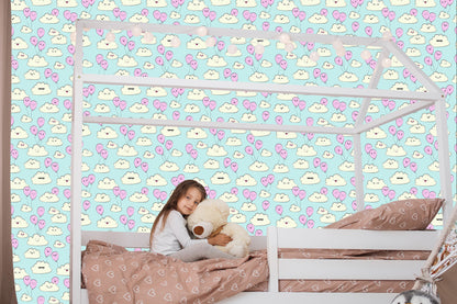 Wallpaper For Children - Happy Clouds And Pink Balloons