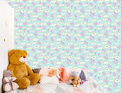 Wallpaper For Children - Happy Clouds And Pink Balloons