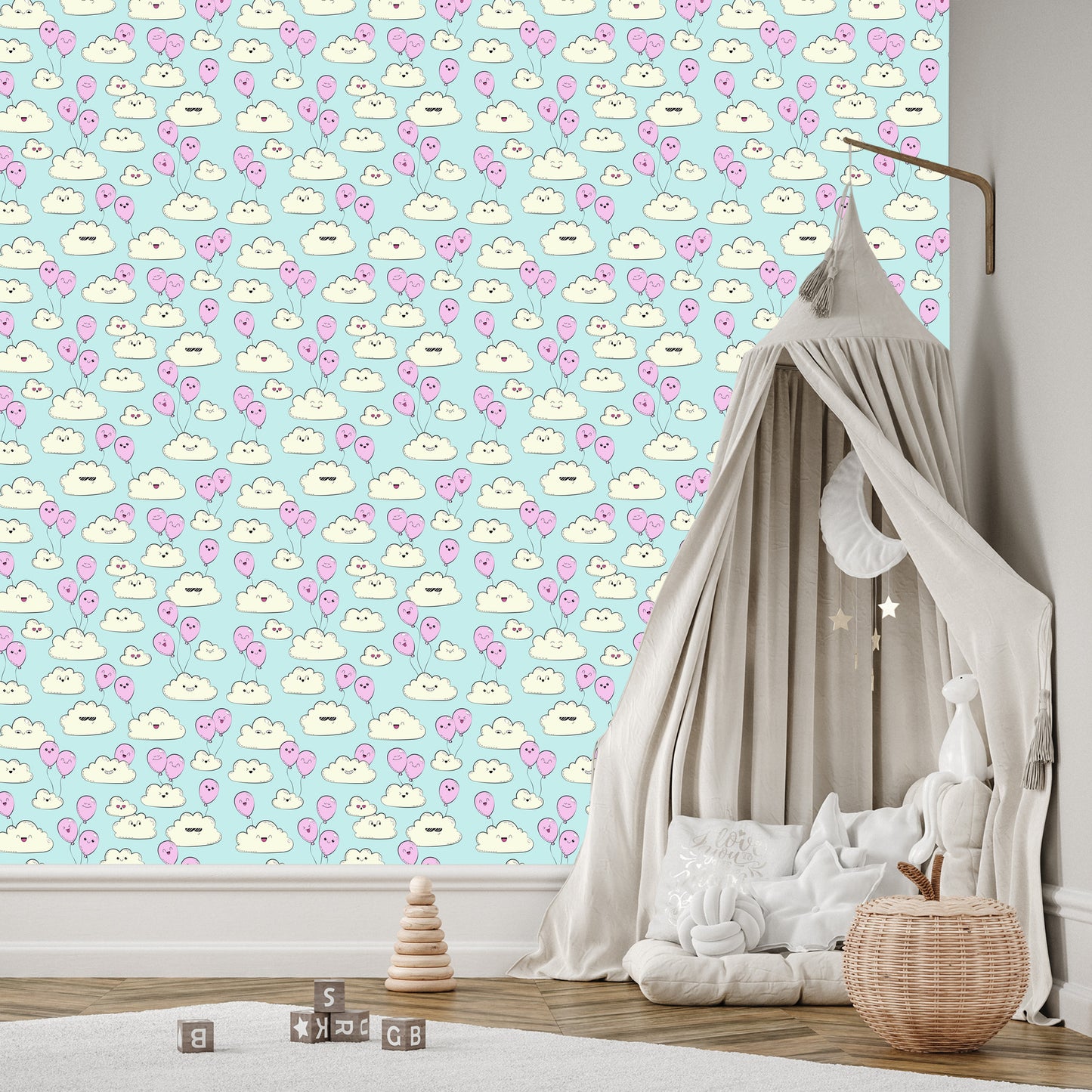 Wallpaper For Children - Happy Clouds And Pink Balloons