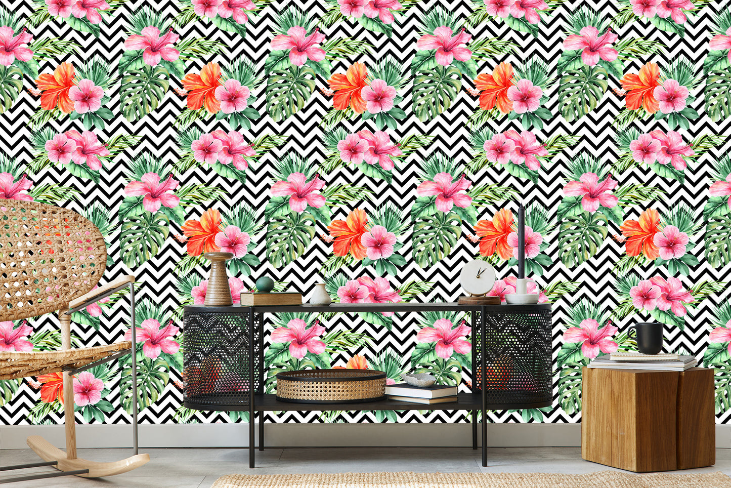 Wallpaper Exotic Leaves And Flowers On Black - White Background