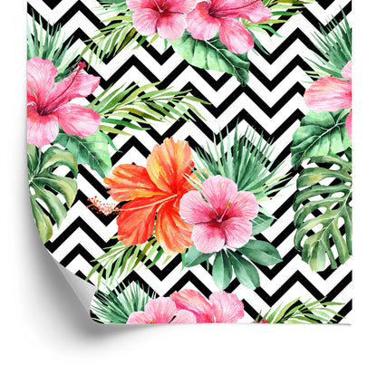 Wallpaper Exotic Leaves And Flowers On Black - White Background