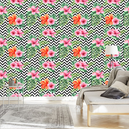 Wallpaper Exotic Leaves And Flowers On Black - White Background