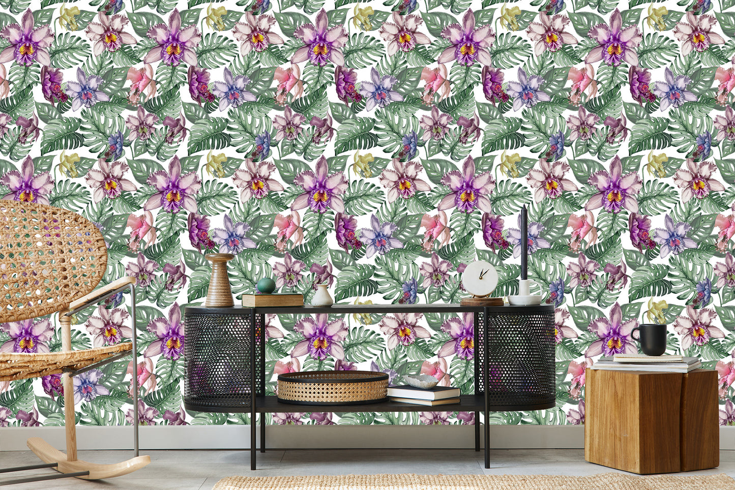 Wallpaper Colorful Orchid Flowers And Monstera Leaves