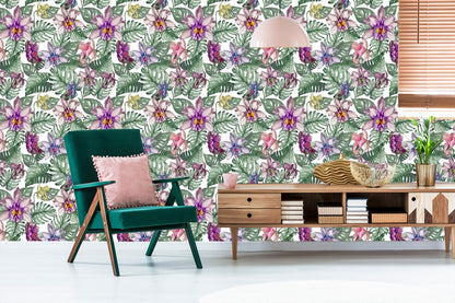 Wallpaper Colorful Orchid Flowers And Monstera Leaves