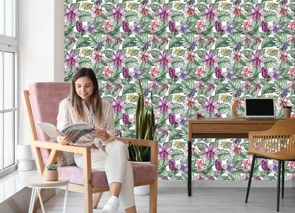 Wallpaper Colorful Orchid Flowers And Monstera Leaves