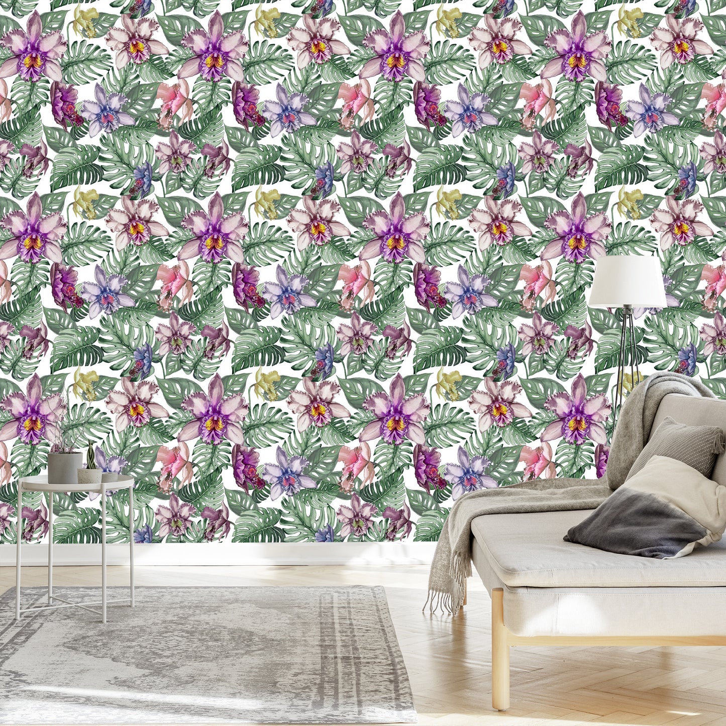 Wallpaper Colorful Orchid Flowers And Monstera Leaves