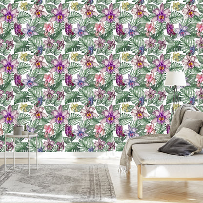 Wallpaper Colorful Orchid Flowers And Monstera Leaves