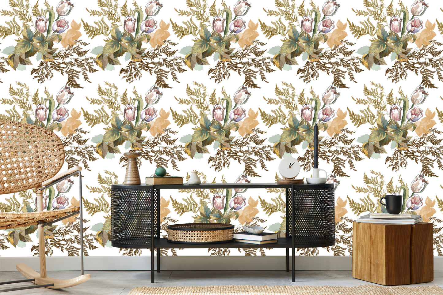 Wallpaper Leaves And Tulips In Vintage Style