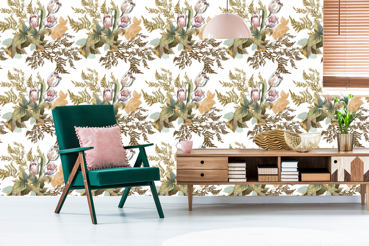 Wallpaper Leaves And Tulips In Vintage Style
