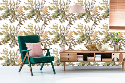 Wallpaper Leaves And Tulips In Vintage Style