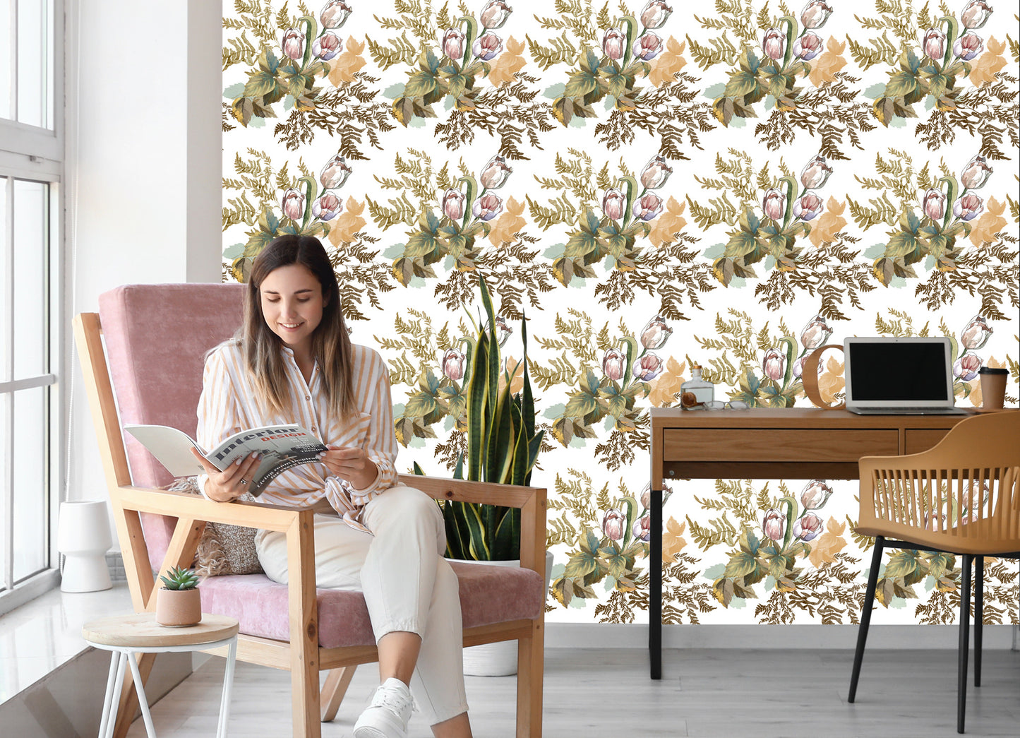 Wallpaper Leaves And Tulips In Vintage Style