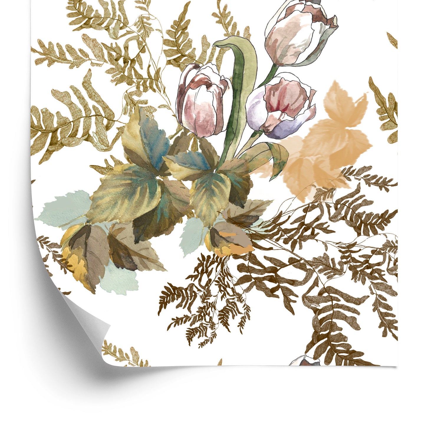 Wallpaper Leaves And Tulips In Vintage Style