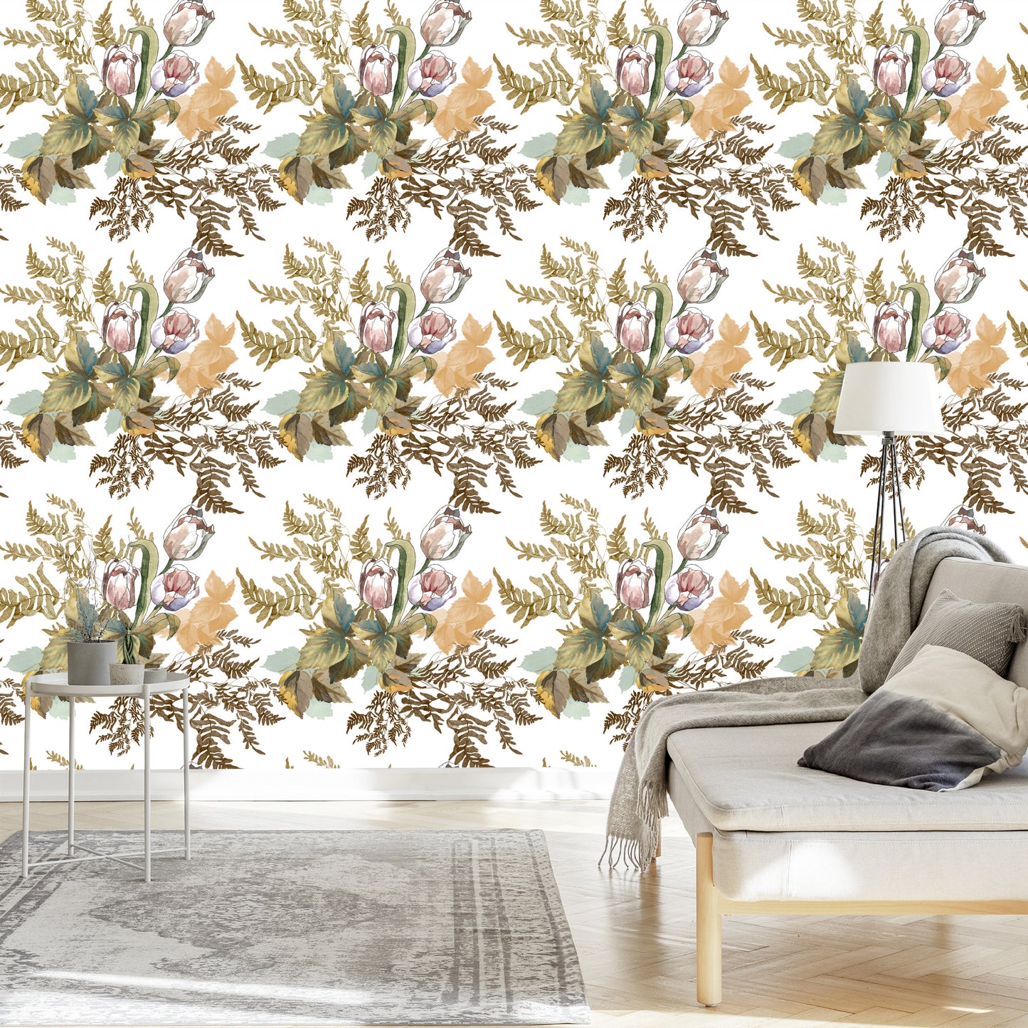 Wallpaper Leaves And Tulips In Vintage Style