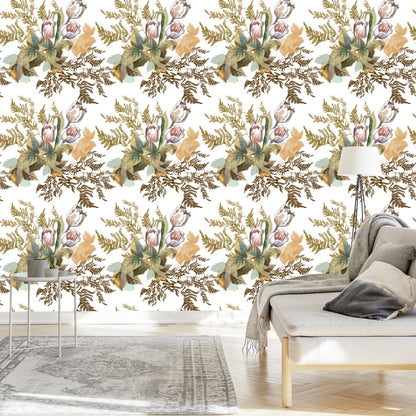Wallpaper Leaves And Tulips In Vintage Style