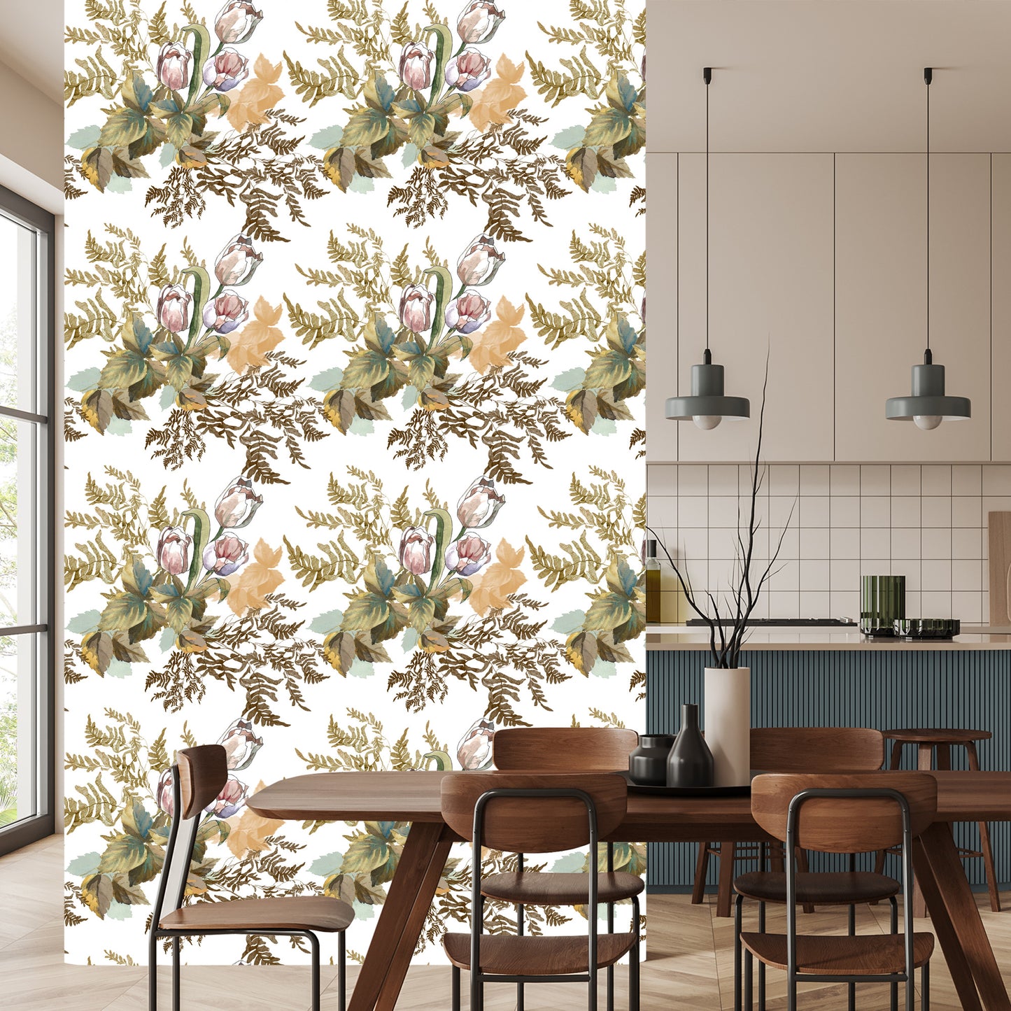 Wallpaper Leaves And Tulips In Vintage Style