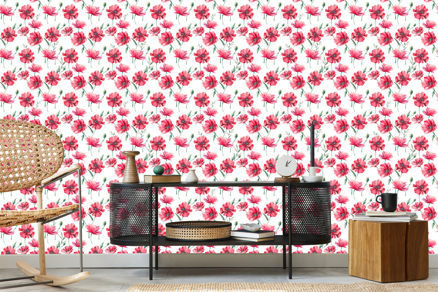 Wallpaper Painted Poppies With Leaves