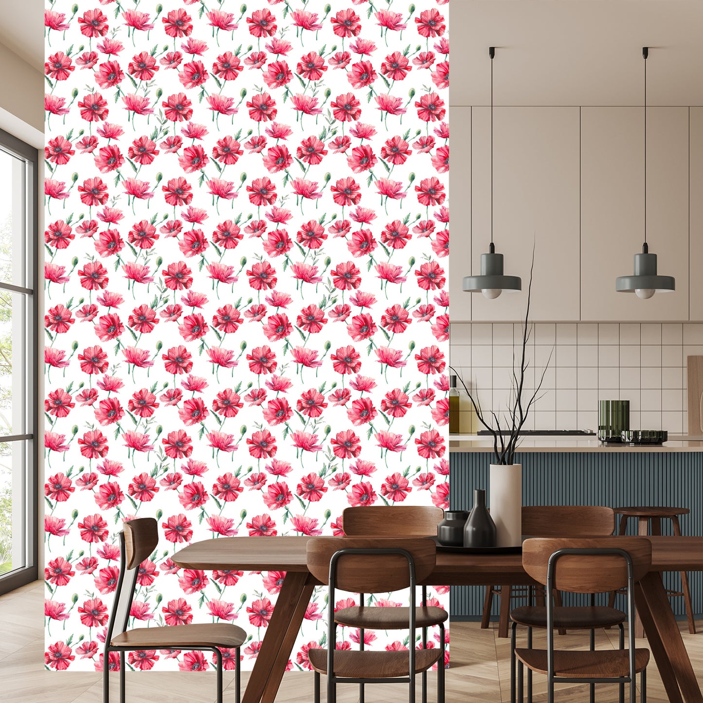 Wallpaper Painted Poppies With Leaves