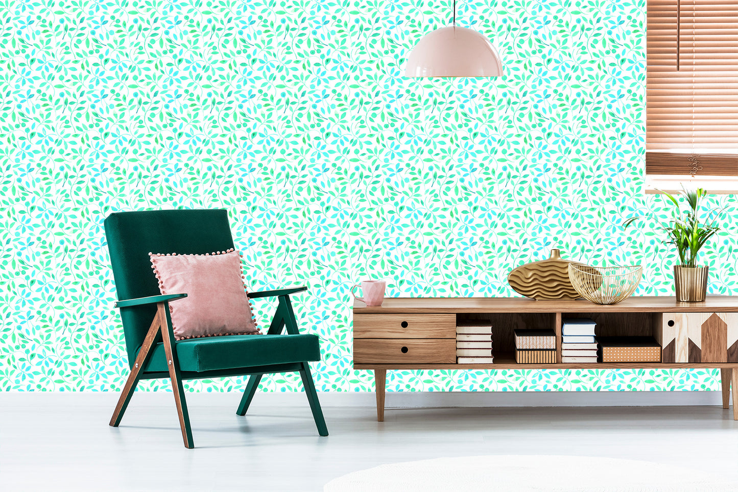 Wallpaper Turquoise Leaves Painted With Watercolor