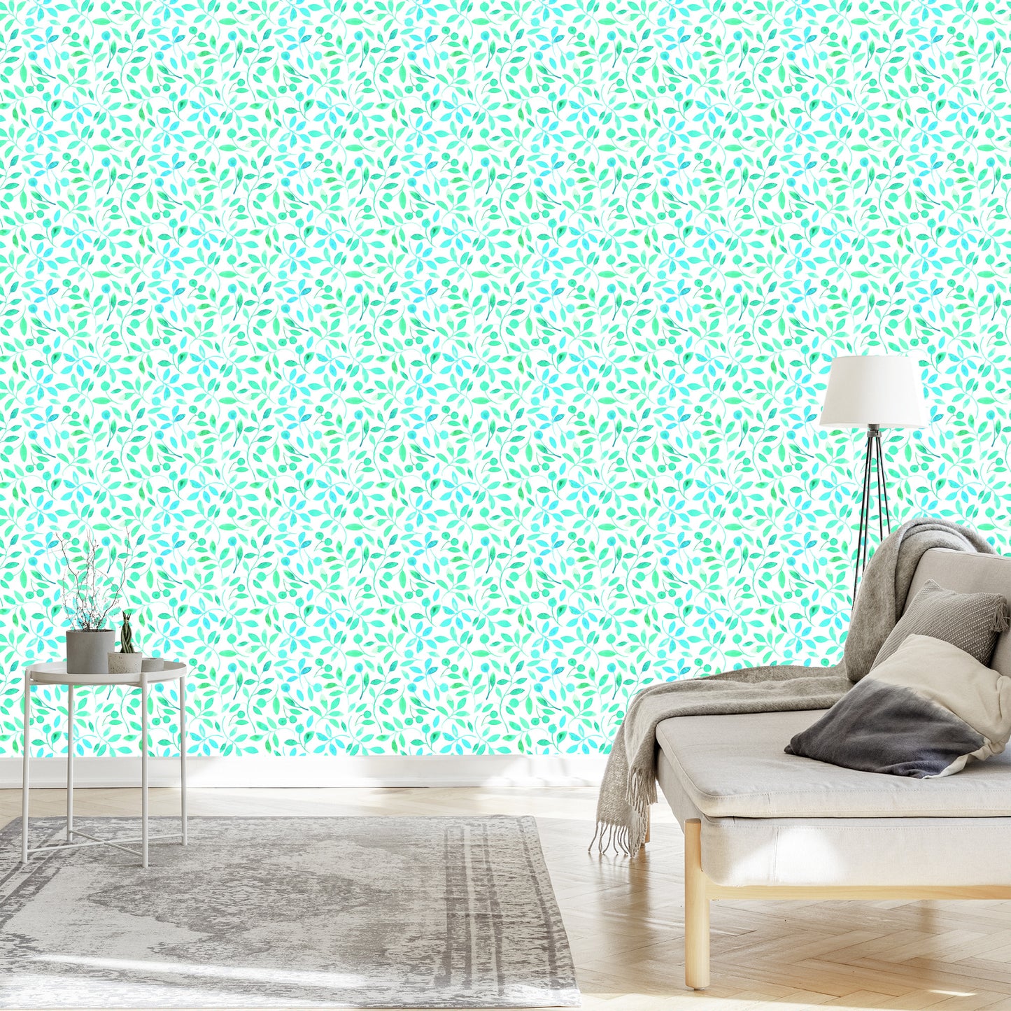 Wallpaper Turquoise Leaves Painted With Watercolor