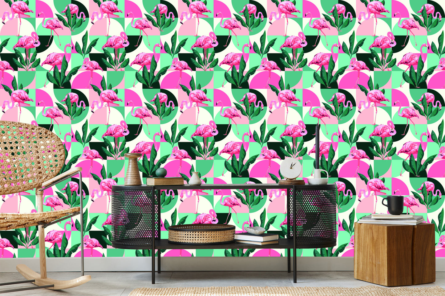 Wallpaper Fashionable Pink Flamingos And Leaves