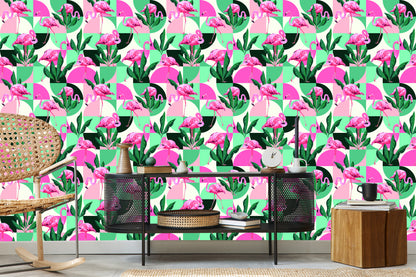 Wallpaper Fashionable Pink Flamingos And Leaves