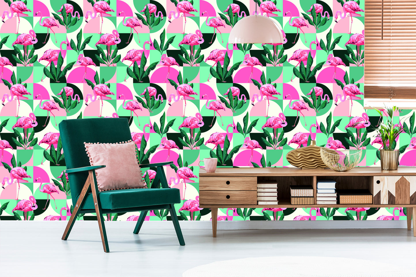 Wallpaper Fashionable Pink Flamingos And Leaves