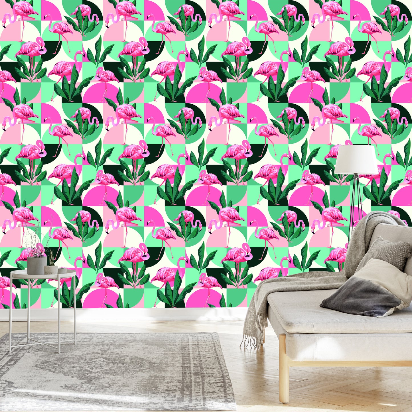 Wallpaper Fashionable Pink Flamingos And Leaves