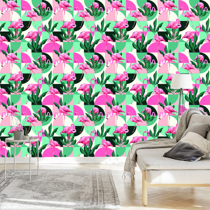 Wallpaper Fashionable Pink Flamingos And Leaves