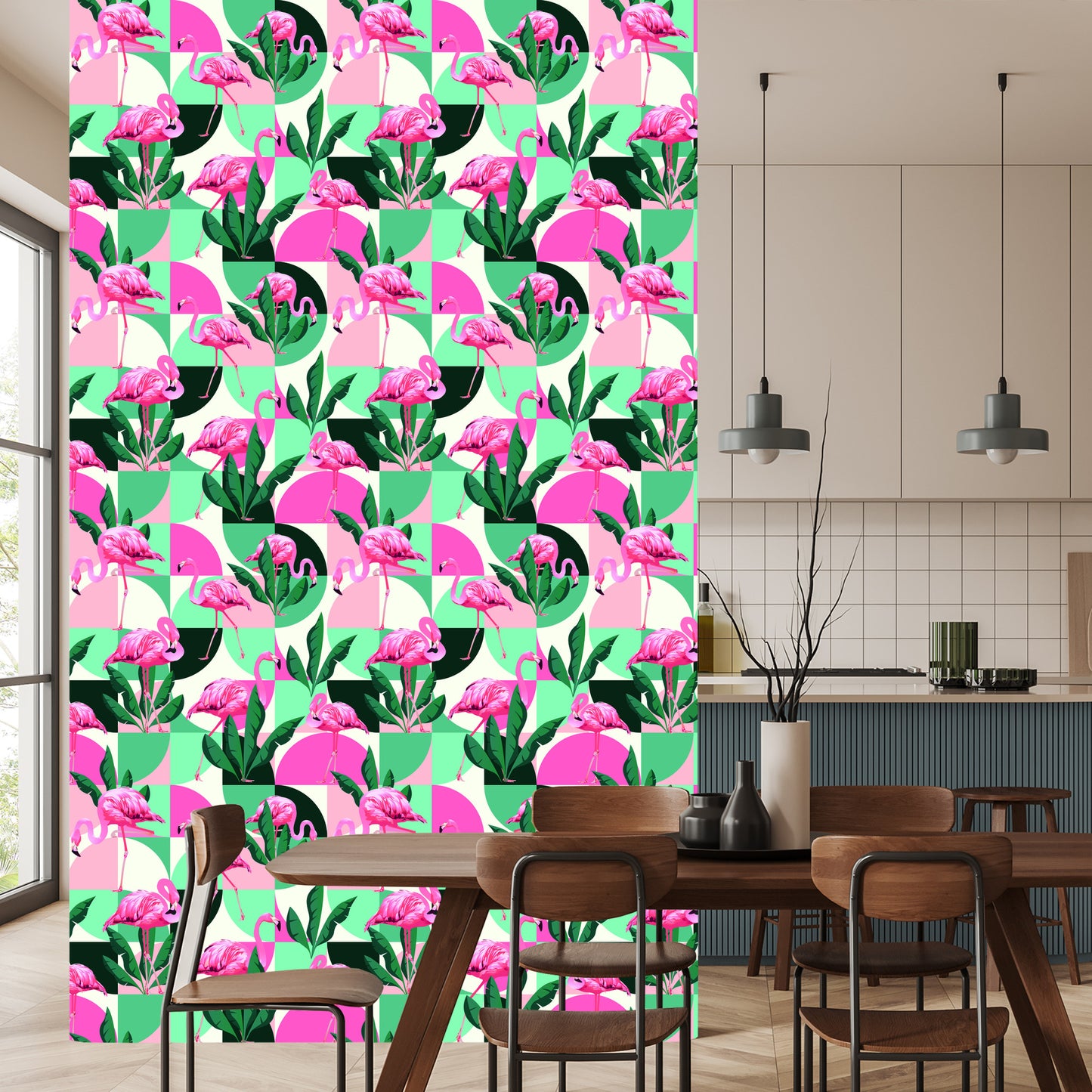 Wallpaper Fashionable Pink Flamingos And Leaves
