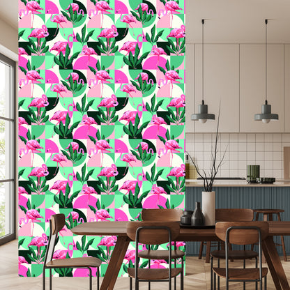 Wallpaper Fashionable Pink Flamingos And Leaves