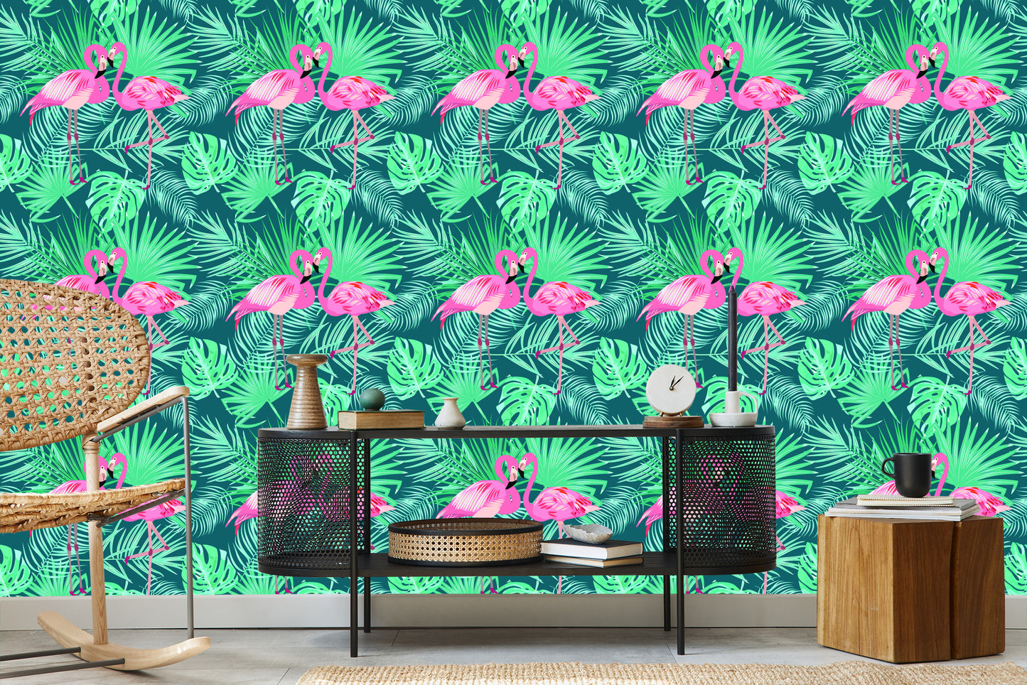 Wallpaper Decorative Flamingos Leaves