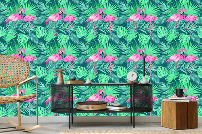 Wallpaper Decorative Flamingos Leaves
