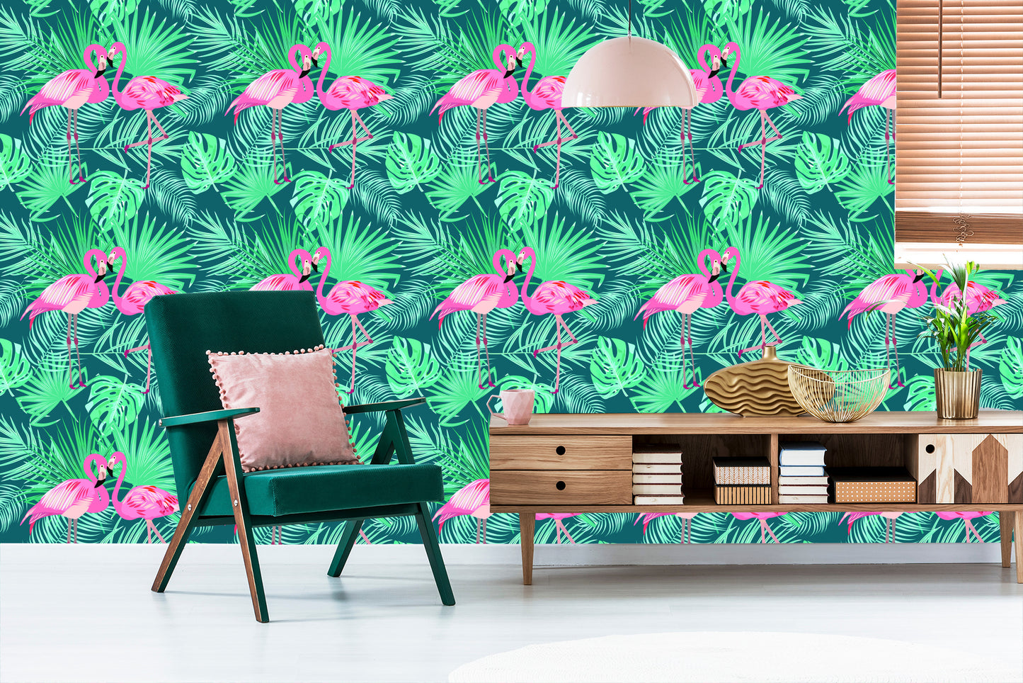 Wallpaper Decorative Flamingos Leaves