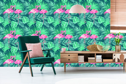 Wallpaper Decorative Flamingos Leaves
