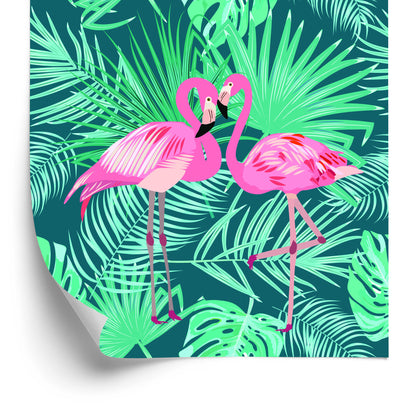 Wallpaper Decorative Flamingos Leaves