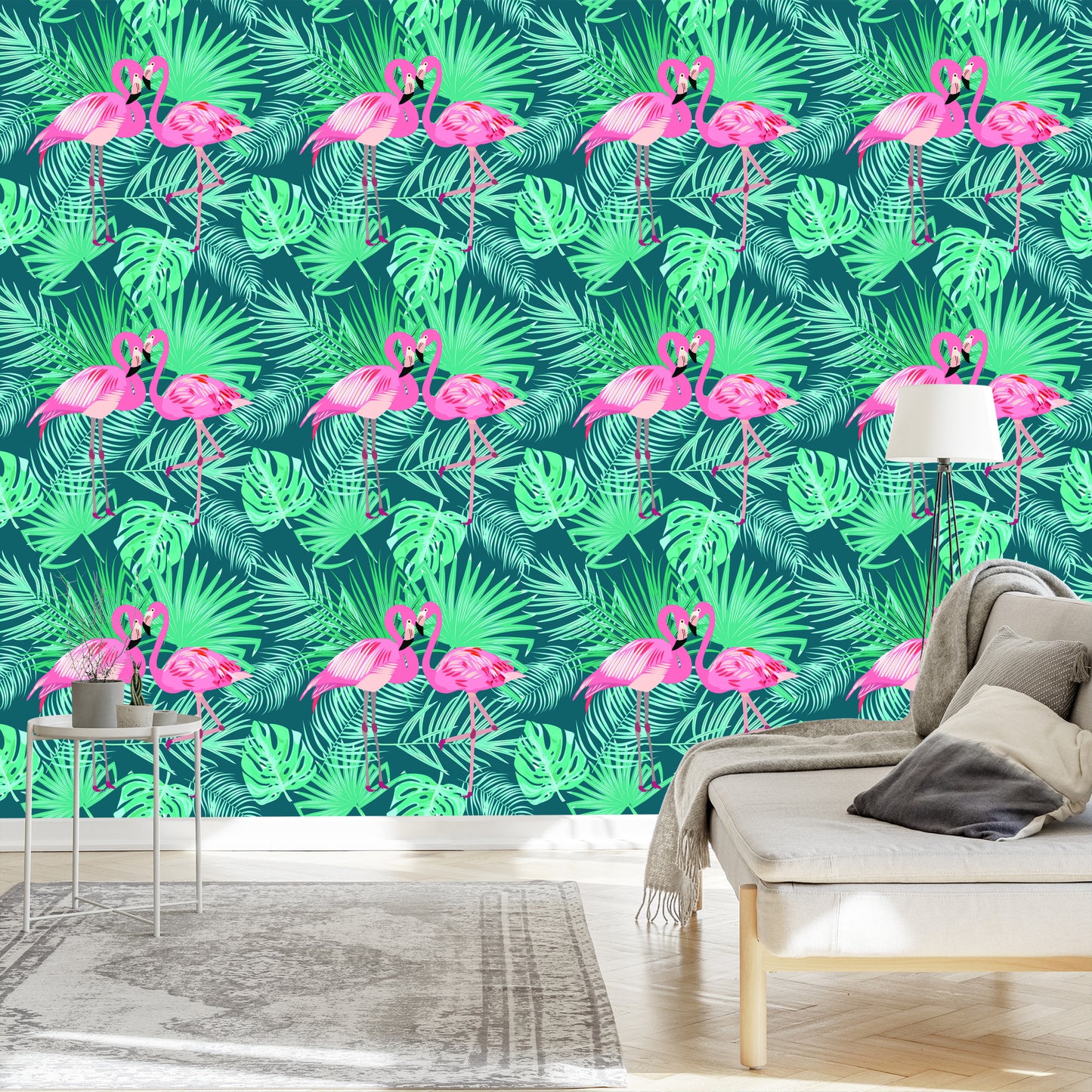 Wallpaper Decorative Flamingos Leaves