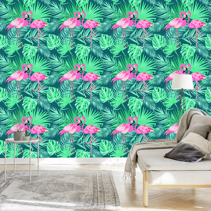 Wallpaper Decorative Flamingos Leaves