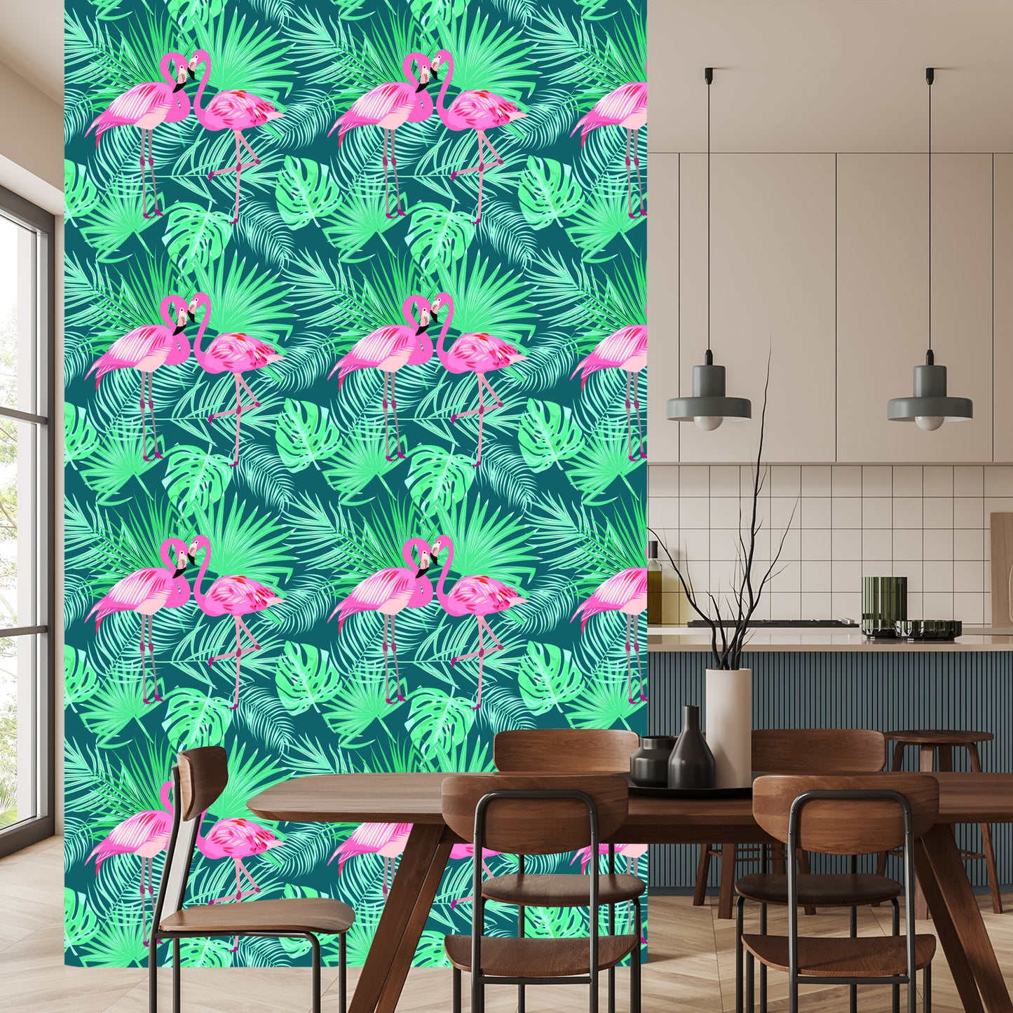 Wallpaper Decorative Flamingos Leaves