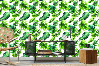 Wallpaper Tropical Leaves In Green Shades