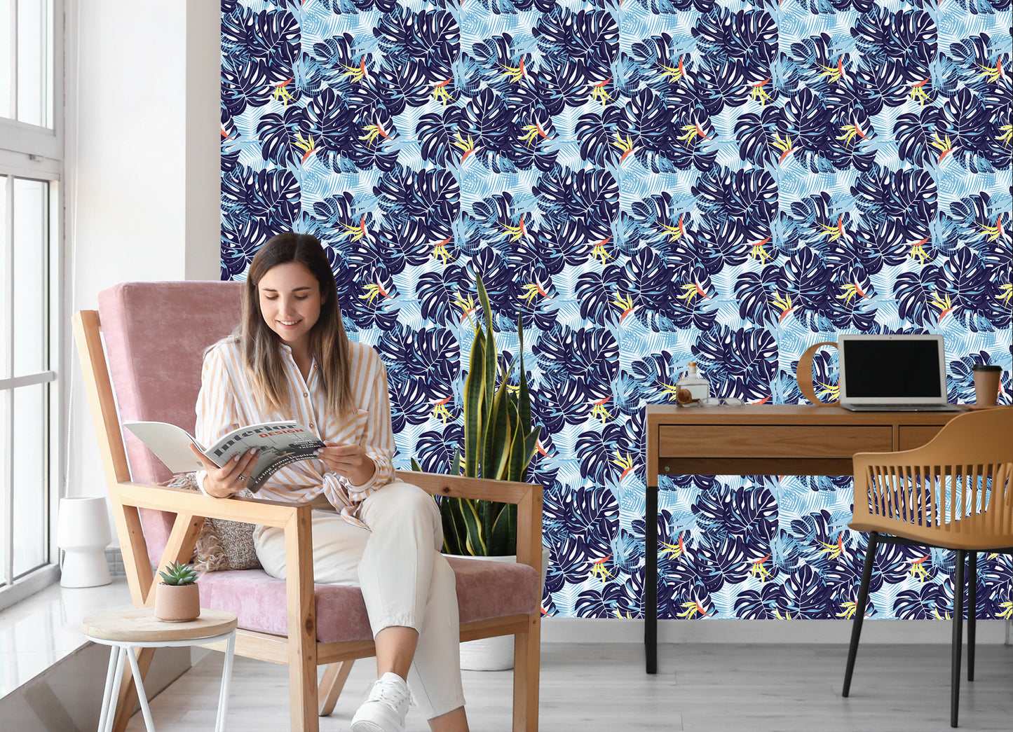 Wallpaper Leaves In Shades Of Blue