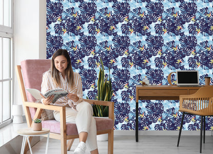Wallpaper Leaves In Shades Of Blue