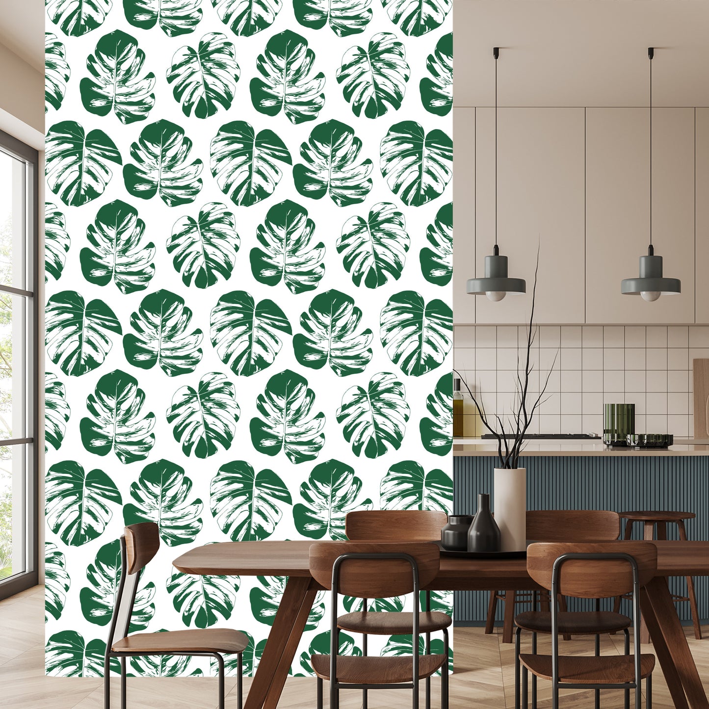 Wallpaper Green-White Leaves